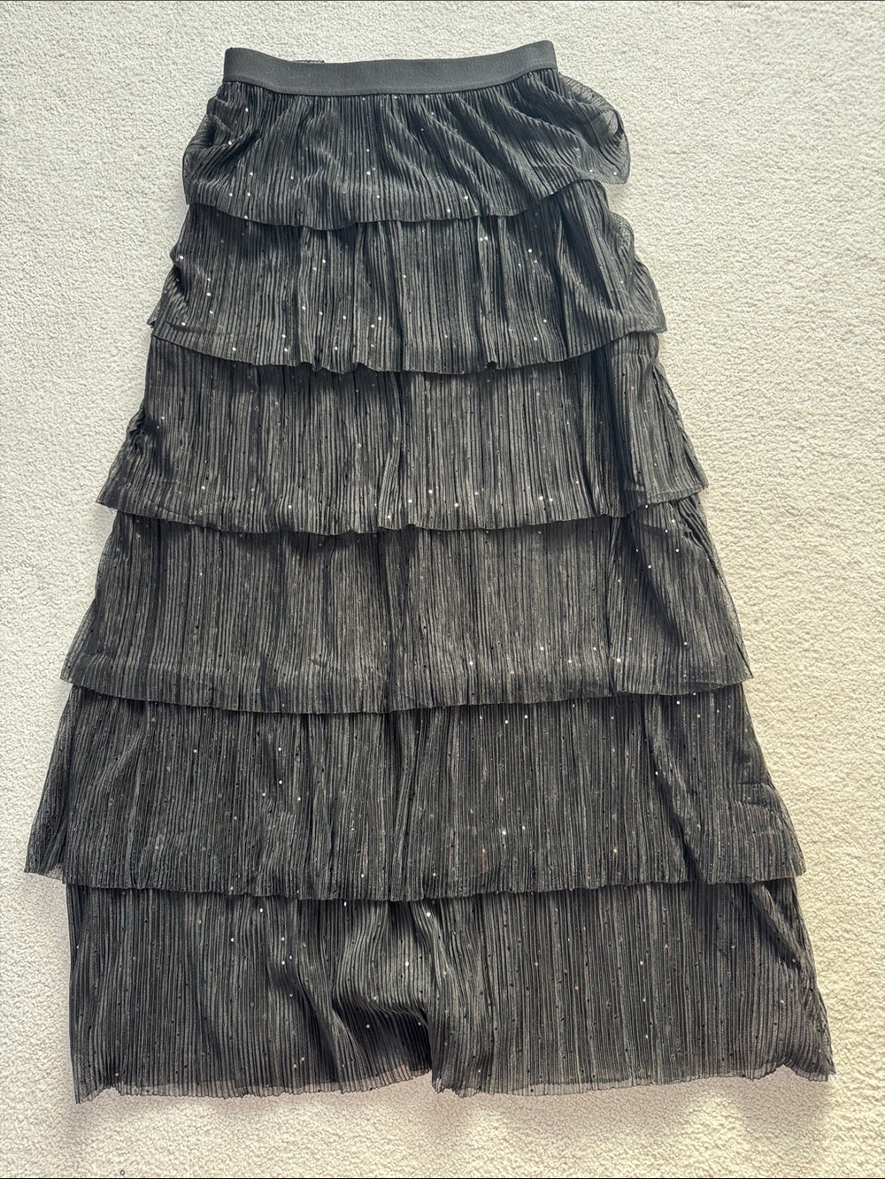 Women's Black Tiered Maxi Skirt with Subtle Sparkle